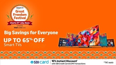 Smart TVs from top brands are now up to 65% off in the Amazon Great Freedom Festival Sale 2025. Smart TVs from top brands are now up to 65% off in the Amazon Great Freedom Festival Sale 2025.