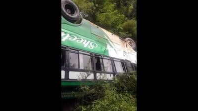 Damaged bus after it falls in gorge near Tunna in Gohar subdivision of Mandi District on Thursday. (Birbal Sharma/HT)