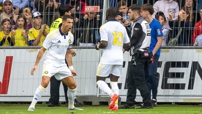 Saudi Pro League football club Al-Nassr's Portuguese forward Cristiano Ronaldo celebrates scoring with his teammate Nassr's Senegalese Forward #10 Sadio Mane (AFP) Saudi Pro League football club Al-Nassr's Portuguese forward Cristiano Ronaldo celebrates scoring with his teammate Nassr's Senegalese Forward #10 Sadio Mane (AFP)
