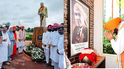 Haryana chief minister Nayab Singh Saini paying tributes to Shaheed Udham Singh at the freedom fighter’s birthplace of Sunam in Punjab on his 86th martyrdom anniversary on Thursday. (HT Photo) Haryana chief minister Nayab Singh Saini paying tributes to Shaheed Udham Singh at the freedom fighter’s birthplace of Sunam in Punjab on his 86th martyrdom anniversary on Thursday. (HT Photo)