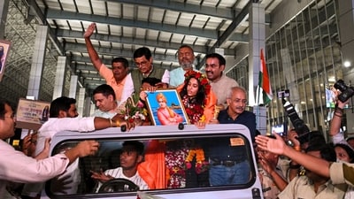 FIDE Women's World Cup 2025 champion Divya Deshmukh being welcomed upon her arrival at Nagpur airport. (PTI) FIDE Women's World Cup 2025 champion Divya Deshmukh being welcomed upon her arrival at Nagpur airport. (PTI)