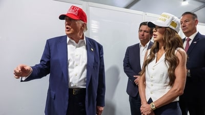 Donald Trump, Florida Governor Ron DeSantis and U.S. Homeland Security Secretary Kristi Noem visit a medical tent (REUTERS)