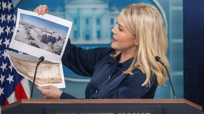 White House Press Secretary Karoline Leavitt displays a rendering for a new White House ballroom. (AFP) White House Press Secretary Karoline Leavitt displays a rendering for a new White House ballroom. (AFP)