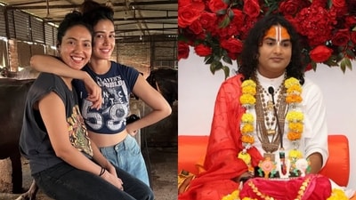 Khushboo Patani with sister Disha Patani; Aniruddhacharya Khushboo Patani with sister Disha Patani; Aniruddhacharya