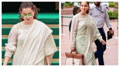 Kangana Ranaut paired Hermes bag with the saree she wore at the Parliament session. (Instagram/@kanganafans67) Kangana Ranaut paired Hermes bag with the saree she wore at the Parliament session. (Instagram/@kanganafans67)