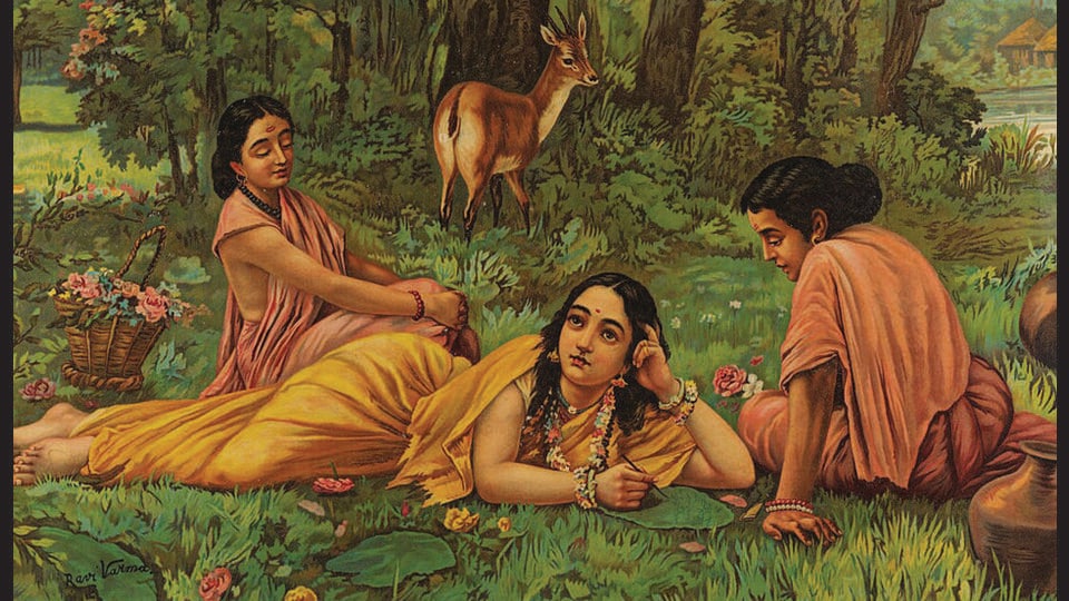 Raja Ravi Varma’s lithograph depicts Shakuntala with her besties Priyamvada and Anasuya.