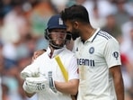 India's Akash Deep reacts with England's Ben Duckett after taking his wicket