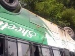 Damaged bus after it falls in gorge near Tunna in Gohar subdivision of Mandi District on Thursday. (Birbal Sharma/HT) Damaged bus after it falls in gorge near Tunna in Gohar subdivision of Mandi District on Thursday. (Birbal Sharma/HT)