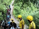Kedarnath Dham was suspended due to a massive landslide at Munkatia between Sonprayag and Gaurikund in Uttarakhand’s Rudraprayag district on Wednesday. (Sourced/HT) Kedarnath Dham was suspended due to a massive landslide at Munkatia between Sonprayag and Gaurikund in Uttarakhand’s Rudraprayag district on Wednesday. (Sourced/HT)