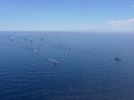An aerial view shows Russian warships and submarines during major naval drills, which are conducted by the Russian Navy in the Pacific and Arctic oceans and in the Baltic and Caspian seas. 