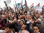 Protesters, predominantly Houthi supporters, demonstrate in solidarity with Palestinians in Sanaa, Yemen, on August 1, 2025.