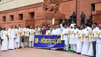 Congress MP Priyanka Gandhi, JMM MP Mahua Majhi, DMK MP A Raja along with others INDIA bloc MPs protest against Special Intensive Revision (SIR) of electoral rolls in Bihar, during the ongoing monsoon session of Parliament, at Parliament premises in New Delhi on Friday. (ANI Photo/Rahul Singh) (Rahul Singh) Congress MP Priyanka Gandhi, JMM MP Mahua Majhi, DMK MP A Raja along with others INDIA bloc MPs protest against Special Intensive Revision (SIR) of electoral rolls in Bihar, during the ongoing monsoon session of Parliament, at Parliament premises in New Delhi on Friday. (ANI Photo/Rahul Singh) (Rahul Singh)