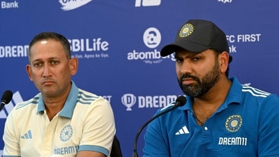 Rohit Sharma (R) and Ajit Agarkar, current chairman of the BCCI selection committee, address a press conference in Mumbai on January 18, 2025. (AFP) Rohit Sharma (R) and Ajit Agarkar, current chairman of the BCCI selection committee, address a press conference in Mumbai on January 18, 2025. (AFP)