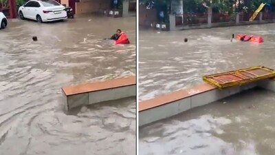 Snippets from a video of a waterlogged road after a downpour in Gurgaon. (X/@ankurupadhyay04) Snippets from a video of a waterlogged road after a downpour in Gurgaon. (X/@ankurupadhyay04)