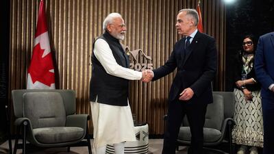 India's Prime Minister Narendra Modi, left, and Canada's Prime Minister Mark Carney shake hands during a meeting at the G7 Summit in Kananaskis, Alberta, on June 17, 2025. (AP) India's Prime Minister Narendra Modi, left, and Canada's Prime Minister Mark Carney shake hands during a meeting at the G7 Summit in Kananaskis, Alberta, on June 17, 2025. (AP)