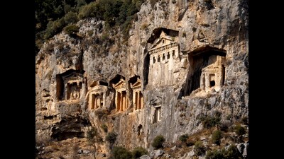 Lycian tombs in Turkey, dating to 500 BCE. These were designed to look like the traditional wooden houses of the time. Each typically served as a family crypt. (Wikimedia) Lycian tombs in Turkey, dating to 500 BCE. These were designed to look like the traditional wooden houses of the time. Each typically served as a family crypt. (Wikimedia)
