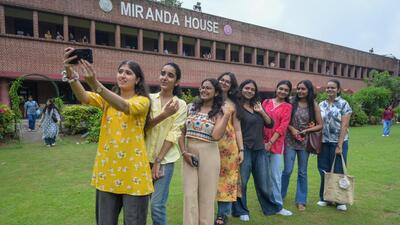 Miranda House students on their first day at the college on Friday. (RAJ K RAJ /HT PHOTO) Miranda House students on their first day at the college on Friday. (RAJ K RAJ /HT PHOTO)