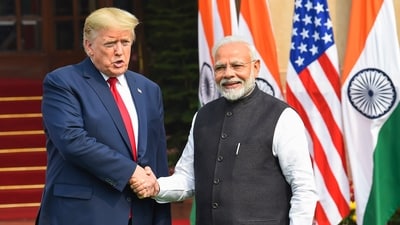Prime Minister Narendra Modi with US President Donald Trump at Hyderabad House, in New Delhi. US President Donald Trump. (PTI File) Prime Minister Narendra Modi with US President Donald Trump at Hyderabad House, in New Delhi. US President Donald Trump. (PTI File)