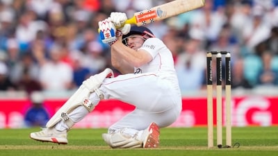 Harry Brook gave England fans something to cheer with an extraordinary 'falling' sweep for six off Siraj during a 57-ball fifty. (PTI) Harry Brook gave England fans something to cheer with an extraordinary 'falling' sweep for six off Siraj during a 57-ball fifty. (PTI)