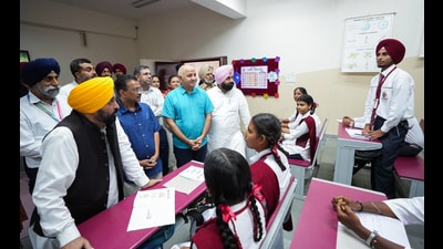 Punjab CM Bhagwant Mann, AAP national convener Arvind Kejriwal, party leader Manish Sisodia interact with school students at a government in Fazilka on Friday. (Photo: X) Punjab CM Bhagwant Mann, AAP national convener Arvind Kejriwal, party leader Manish Sisodia interact with school students at a government in Fazilka on Friday. (Photo: X)