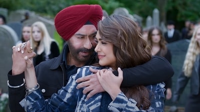 A still from the film Son of Sardaar 2 featuring Ajay Devgn and Mrunal Thakur.