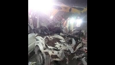 The mangled remains of the vehicle in which Ramnagar SDM and his son were travelling on Friday. Their vehicle was struck by a landslide in the Salukh Ikhtar Nala area of Dharmari in Reasi district. (HT Photo)