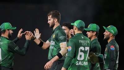 Shaheen Afridi celebrates a wicket alongside Salman Ali Agha and other teammates. (AP)