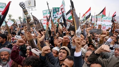 Protesters, predominantly Houthi supporters, demonstrate in solidarity with Palestinians in Sanaa, Yemen, on August 1, 2025. (Reuters)