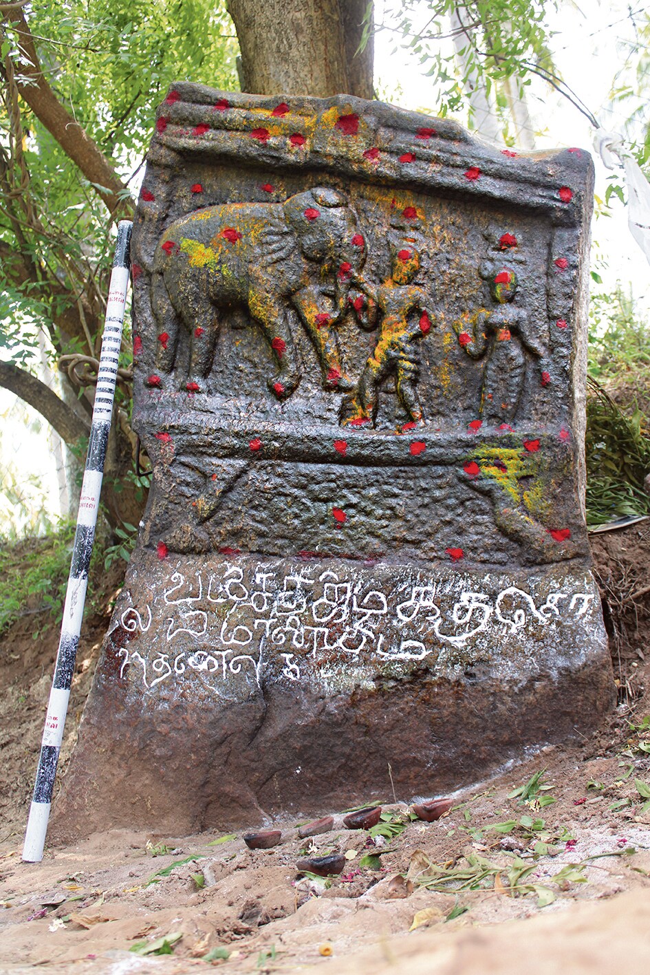 A 17th-century stone in Coimbatore depicts a warrior killed in an encounter with an elephant.
