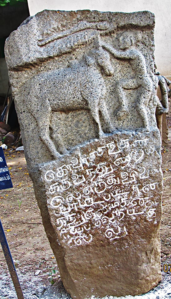 A 15th-century stone in Salem, erected by a man for his father, who died while playing a bull sport.