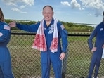 Since the real Mike Fincke was in quarantine, we adorned NASA's cardboard cutout with a gamosa every chance we could. Since the real Mike Fincke was in quarantine, we adorned NASA's cardboard cutout with a gamosa every chance we could.