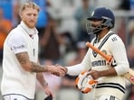 Ben Stokes and Ravindra Jadeja shake hands for a draw on day five of the fourth Test in Manchester. (AFP)