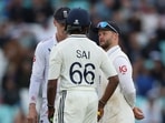 India's Sai Sudharsan speaks to England's Ben Duckett after losing his wicket, lbw off the bowling of Gus Atkinson
