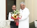 Chief minister Sukhvinder Singh Sukhu calling on Union minister of environment, forests and climate change Bhupender Yadav in New Delhi on Friday evening. (HT Photo) Chief minister Sukhvinder Singh Sukhu calling on Union minister of environment, forests and climate change Bhupender Yadav in New Delhi on Friday evening. (HT Photo)