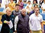 Congress President Mallikarjun Kharge with Leader of Opposition in the Lok Sabha Rahul Gandhi and party leader Abhishek Singhvi during the party's Annual Legal Conclave at Vigyan Bhawan in New Delhi. (HT PHOTO) Congress President Mallikarjun Kharge with Leader of Opposition in the Lok Sabha Rahul Gandhi and party leader Abhishek Singhvi during the party's Annual Legal Conclave at Vigyan Bhawan in New Delhi. (HT PHOTO)