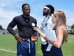 NFL Network reporter Jane Slater (right) interviews Dallas Cowboys defensive end Micah Parsons (left) and cornerback Trevon Diggs