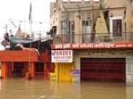 Ganga level rises at Dashashwamedh Ghat after monsoon rains. With the river rising at a rate of 4 centimetres per hour, the water level has reached 70.28 meters and floodwaters have begun entering several low-lying areas in the city. (Rajesh Kumar/HT Photo)