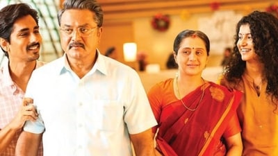 Siddharth, Sarathkumar and Devayani in a still from 3BHK Siddharth, Sarathkumar and Devayani in a still from 3BHK