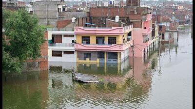 A low-lying area in Prayagraj inundated with floodwaters on Saturday. (Anil Kumar Maurya/HT)