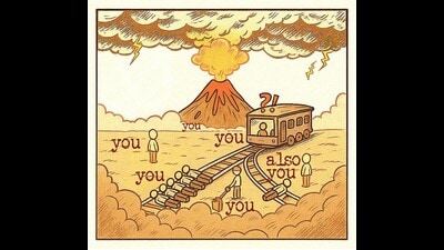 A recreation of a popular trolley problem meme. A recreation of a popular trolley problem meme.