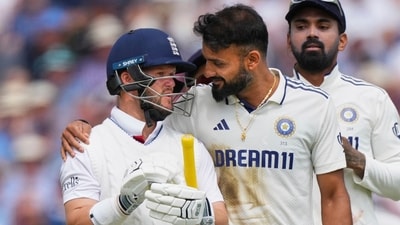Akash Deep puts his arm around Ben Duckett in a send-off after taking his wicket at the Oval. (AP) Akash Deep puts his arm around Ben Duckett in a send-off after taking his wicket at the Oval. (AP)