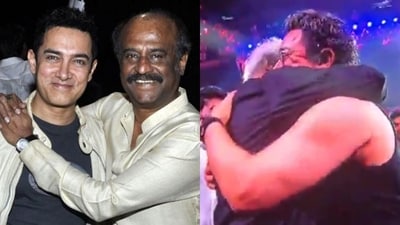 Aamir Khan and Rajinikanth share a sweet moment at Coolie trailer launch. Aamir Khan and Rajinikanth share a sweet moment at Coolie trailer launch.