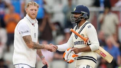 Ben Stokes and Ravindra Jadeja shake hands for a draw on day five of the fourth Test in Manchester. (AFP) Ben Stokes and Ravindra Jadeja shake hands for a draw on day five of the fourth Test in Manchester. (AFP)