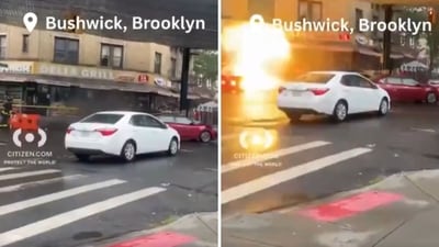 The video of a manhole exploding in Brooklyn was initially posted on the Citizen app. (Screengrab) The video of a manhole exploding in Brooklyn was initially posted on the Citizen app. (Screengrab)