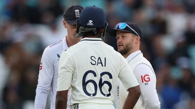 India's Sai Sudharsan speaks to England's Ben Duckett after losing his wicket, lbw off the bowling of Gus Atkinson (Action Images via Reuters)