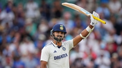 India's Akash Deep celebrates after scoring fifty runs during the third day of the fifth cricket Test (AP) India's Akash Deep celebrates after scoring fifty runs during the third day of the fifth cricket Test (AP)