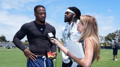 NFL Network reporter Jane Slater (right) interviews Dallas Cowboys defensive end Micah Parsons (left) and cornerback Trevon Diggs (IMAGN IMAGES via Reuters Connect)