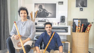 His lullabies weren’t nursery rhymes, they were ragas, says flautist Rakesh Chaurasia of his son Ritik (right) being born into Pt Hariprasad Chaurasia’s legacy. (Photo by Satish Bate/ Hindustan Times) (Hindustan Times) His lullabies weren’t nursery rhymes, they were ragas, says flautist Rakesh Chaurasia of his son Ritik (right) being born into Pt Hariprasad Chaurasia’s legacy. (Photo by Satish Bate/ Hindustan Times) (Hindustan Times)
