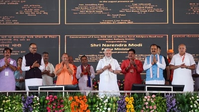 Narendra Modi, Yogi Adityanath, Brajesh Pathak, Keshav Prasad Maurya and others during the public meeting in Varanasi. (PMO) Narendra Modi, Yogi Adityanath, Brajesh Pathak, Keshav Prasad Maurya and others during the public meeting in Varanasi. (PMO)