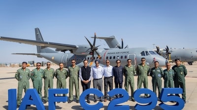 India's ambassador to Spain Dinesh K. Patnaik along with senior officials from Indian Air Force poses for a group picture while receiving the last of the 16 Airbus C-295 military transport aircraft at the Airbus Defence and Space assembly line in Seville, Spain. (@IndiainSpain) India's ambassador to Spain Dinesh K. Patnaik along with senior officials from Indian Air Force poses for a group picture while receiving the last of the 16 Airbus C-295 military transport aircraft at the Airbus Defence and Space assembly line in Seville, Spain. (@IndiainSpain)